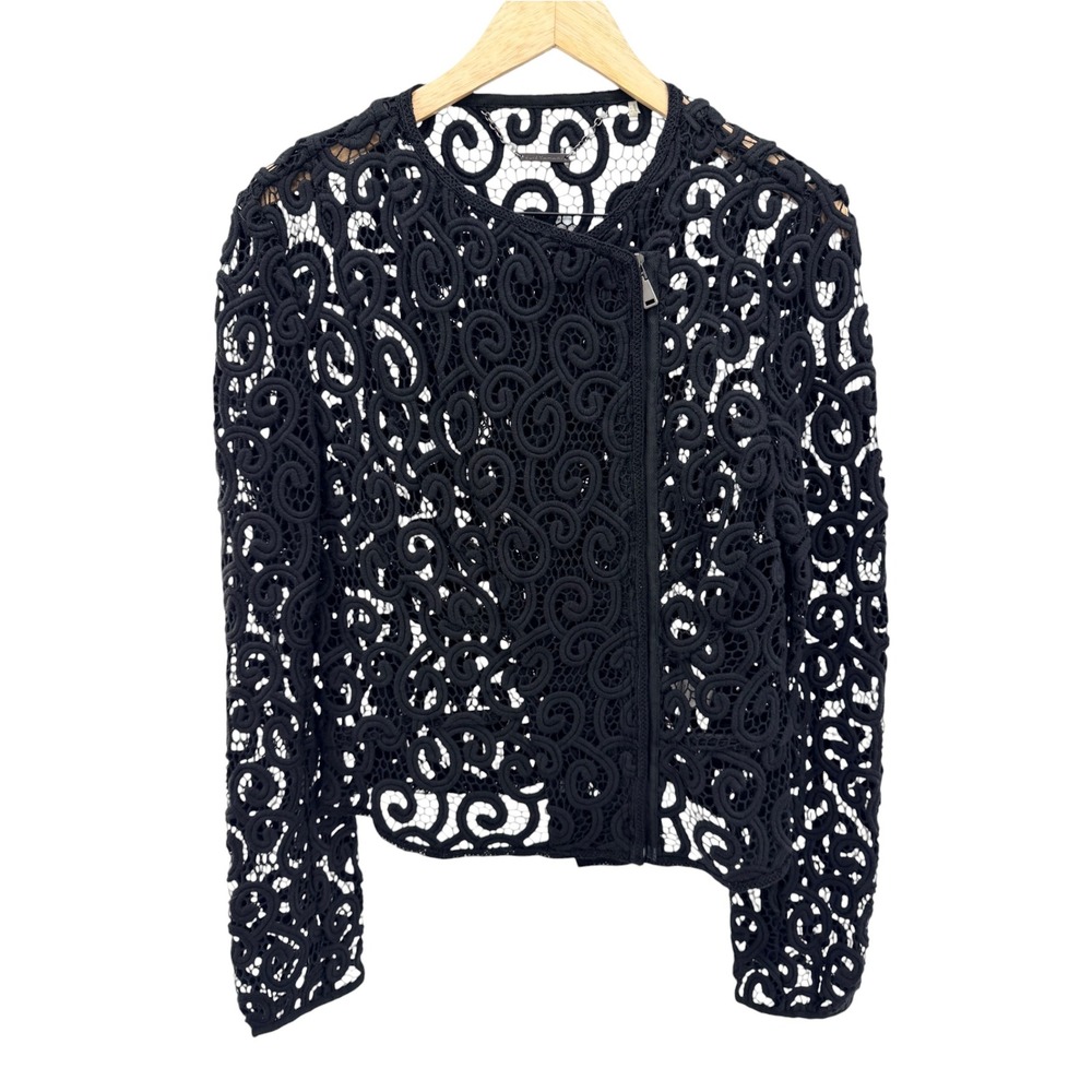 Elie Tahari Cotton Lace Moto Jacket 12 Whimsigoth Crochet Sheer Asymmetric Zip